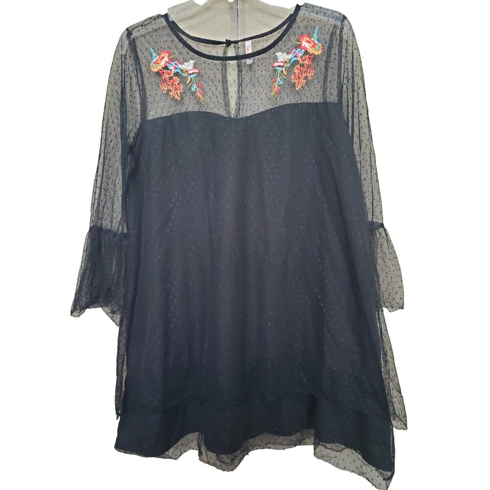 True Destiny Black Mesh Embroidered Layered Lined Bell Sleeve Tunic Size XL